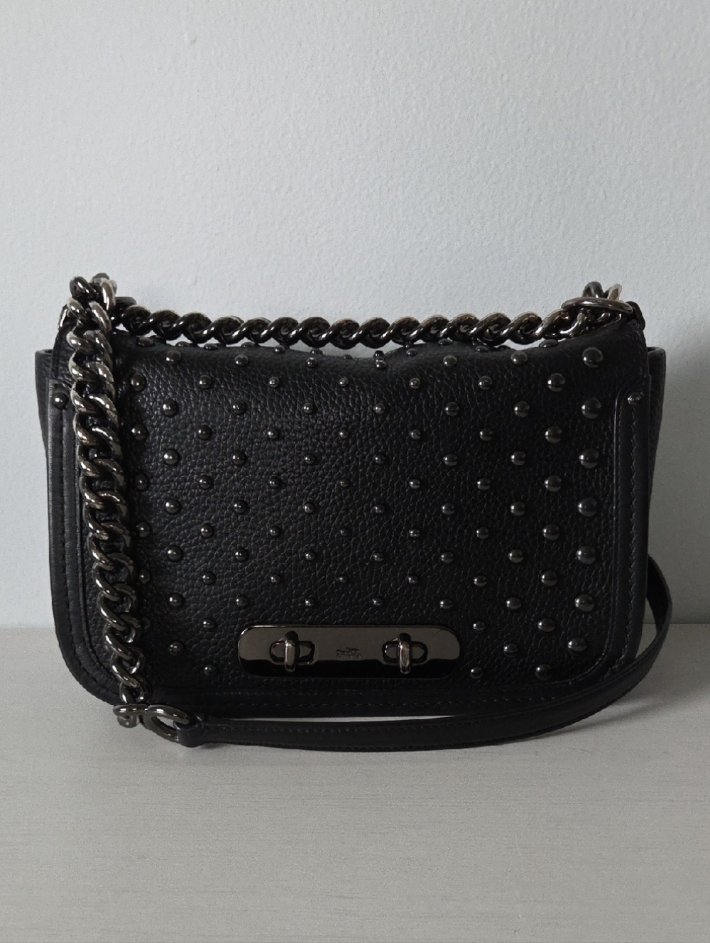 Coach Swagger Black Studded Leather Shoulder Bag with Gunmetal Chain